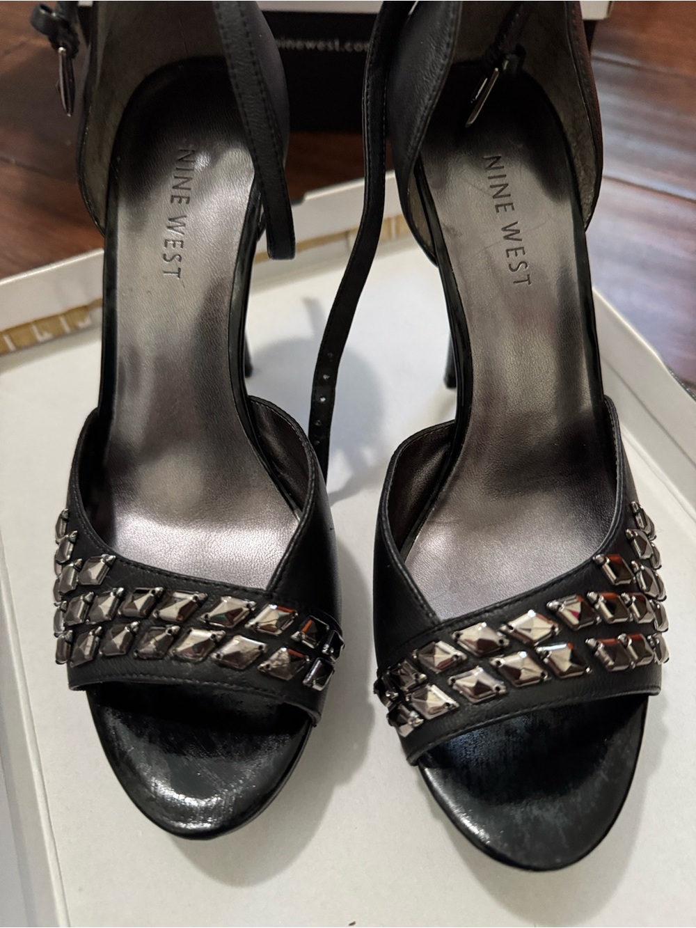 Nine West Black Open-Toe Studded Ankle-Strap Heels